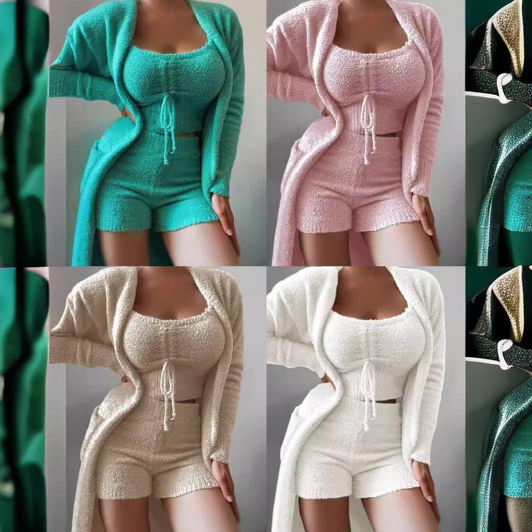 Women's Plush Three Strap Pajama Set Home Clothes