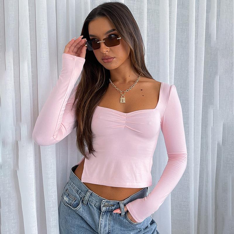 Women's square neckline long sleeved pleated side slit top