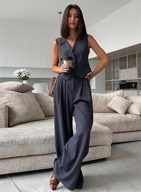 Women's collar sleeveless vest, drooping wide leg trousers
