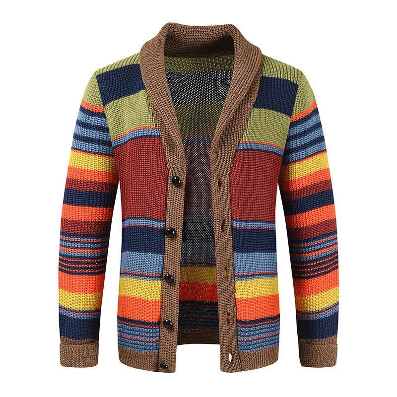Men's Rainbow Sweater Full Sweater Coat Autumn Collar