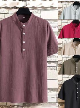 Men's shirt stand collar half placket short sleeved shirt