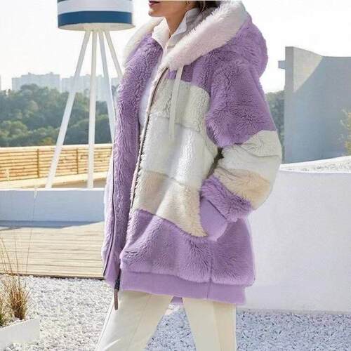 Warm plush zipper pocket hooded jacket
