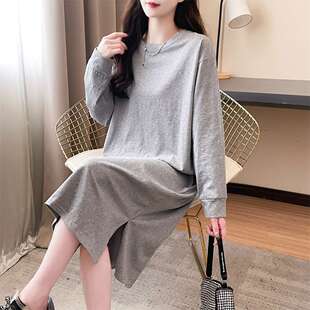 胖mm大码宽松显瘦纯棉打底裙子女早秋休闲慵懒风中长款直筒连衣裙