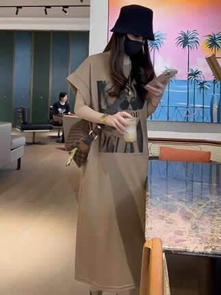 2024夏季新款短袖t恤连衣裙女夏季宽松外穿显瘦减龄直筒休闲长裙