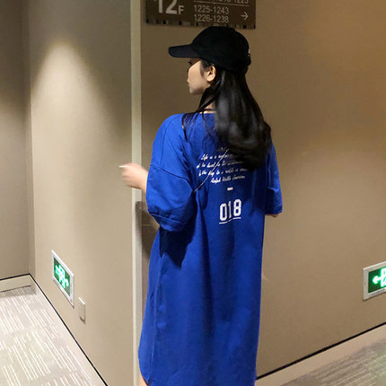 克莱因蓝纯棉短袖T恤连衣裙女夏季宽松懒人家居服孕妇外穿半袖裙