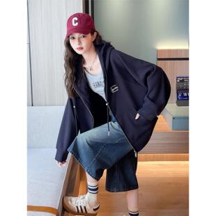 藏青色卫衣女秋短款小个子美式高街字母刺绣宽松百搭新款上衣外套
