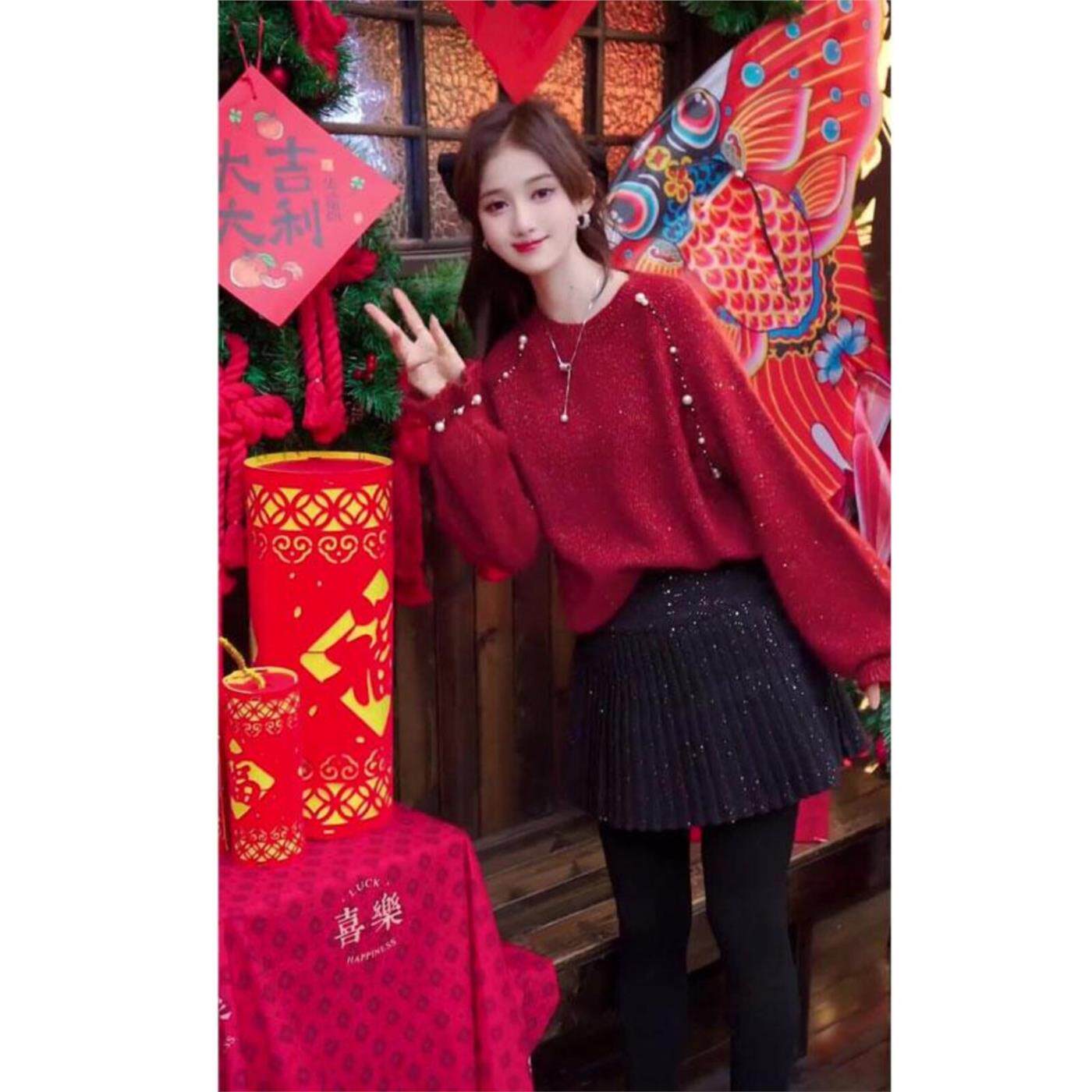 拜年过年战袍新年红色重工钉珠细闪毛衣女秋冬季慵懒高级感针织衫