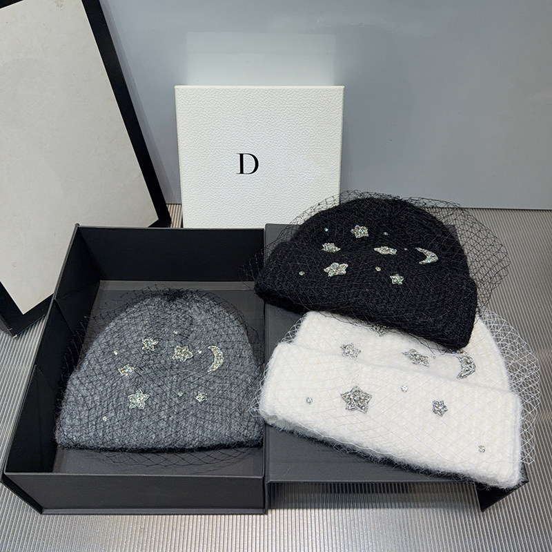 冬季重工网纱针织帽设计师水钻保暖毛线帽防寒护耳优雅套头冷帽女