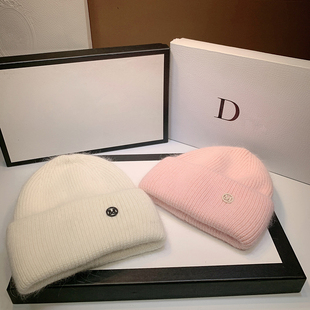 兔毛糖果色毛线帽子女韩国ins秋冬m标冷帽保暖防寒护耳套头针织帽