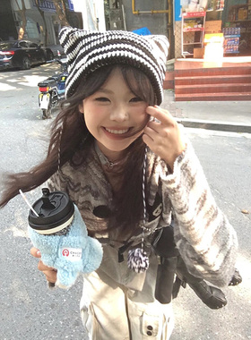 日系可爱小恶魔猫耳朵冷帽毛球毛线帽女秋冬护耳套保暖新款月子帽