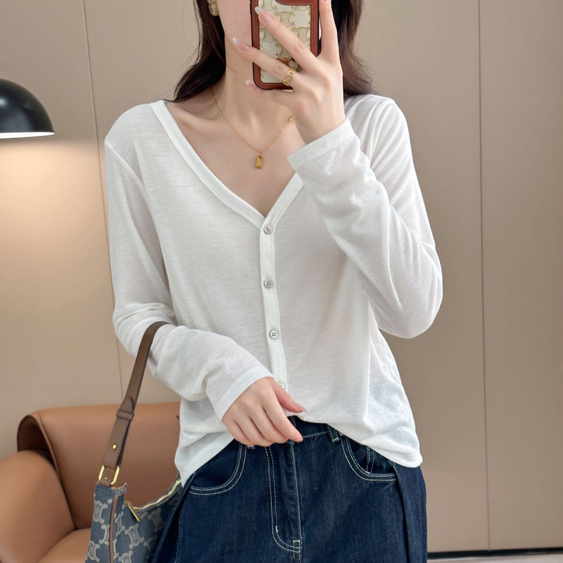 春秋季小衫V领简约休闲开衫百搭女装新款宽松t恤上衣长袖纯色薄款