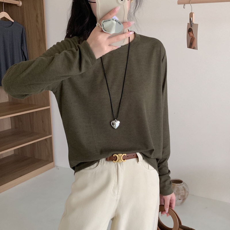 春秋季女装新款打底衫宽松长袖轻柔套头圆领T恤上衣纯色百搭薄款