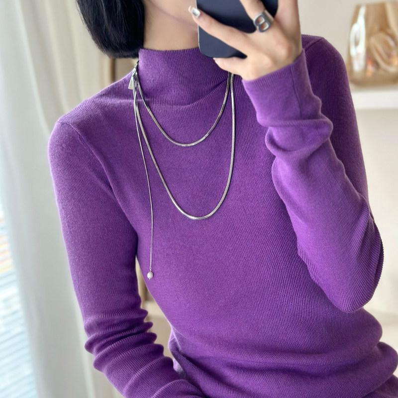 秋冬季绵羊毛女士半高领针织打底衫套头修身纯色上衣百搭保暖长袖