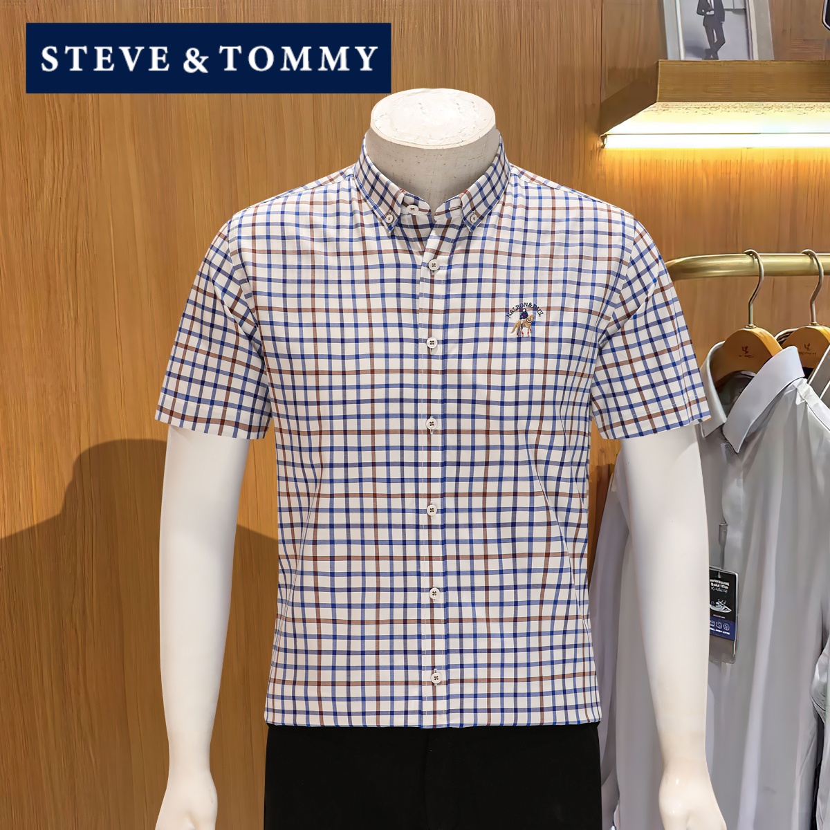 STEVE TOMMY史蒂夫汤米休闲短袖衬衫男夏季薄款商务纯棉格子衬衣