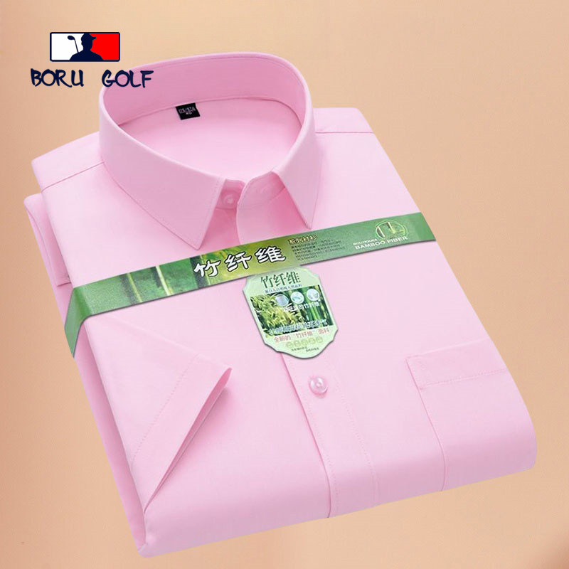 BORU GOLF竹纤维粉色长袖衬衫男士春夏款婚宴中年免烫短袖白衬衣