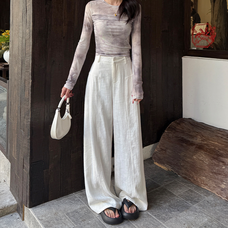 白色阔腿裤女2025春夏新款高腰宽松垂感休闲裤高级慵懒风棉麻裤子