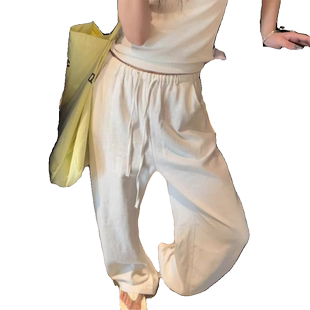 白色苎麻裤女夏季薄款水洗松紧腰抽绳休闲棉麻阔腿裤老钱风亚麻裤