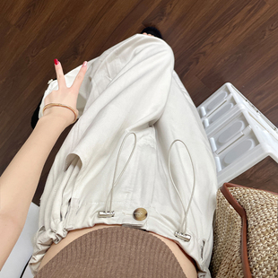 灰白色工装阔腿裤女春秋夏辣妹抽绳降落伞裤宽松休闲百搭直筒