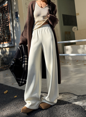 白色羊毛窄版阔腿裤女2025秋冬加绒高腰显瘦直筒裤垂感弯刀休闲裤