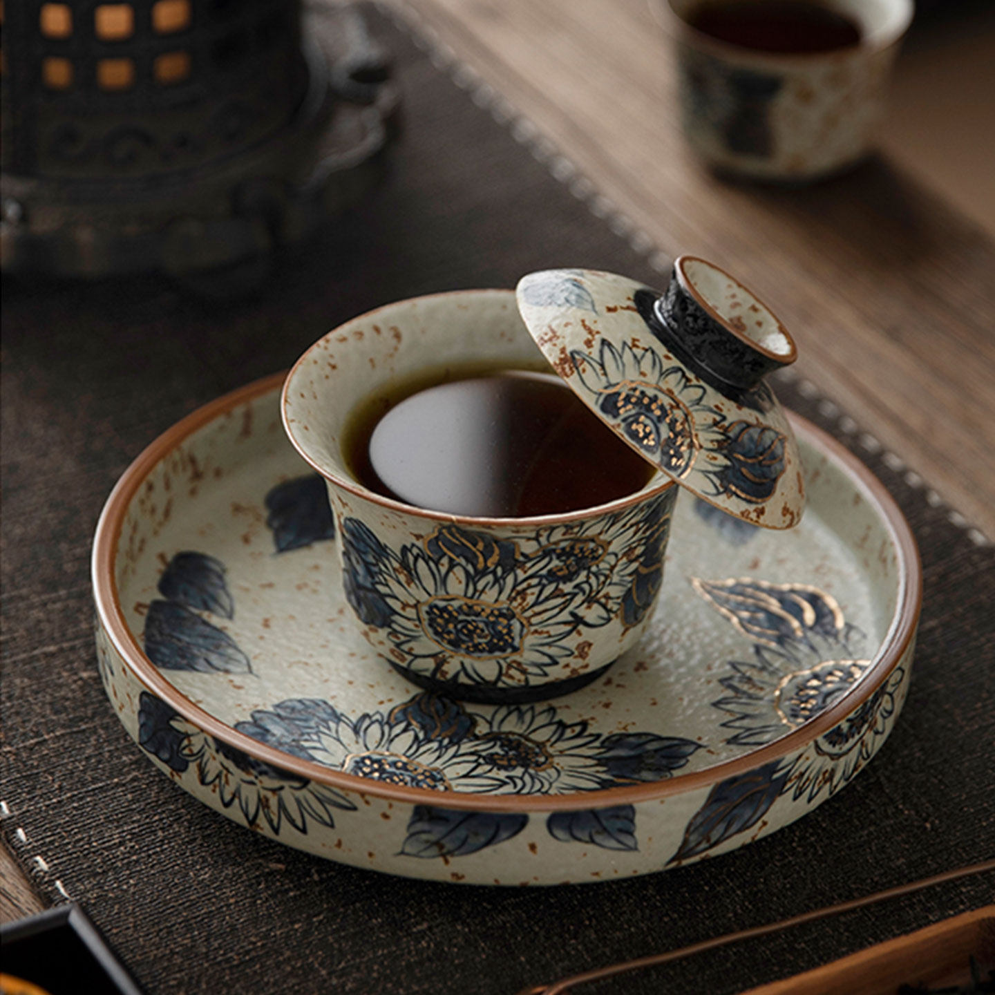 蕴华堂青花火石红泡茶盖碗单个高档办公室家用功夫茶具茶杯三件套,餐饮具,盖碗,淘宝优惠券,粉丝福利购,淘宝优惠卷