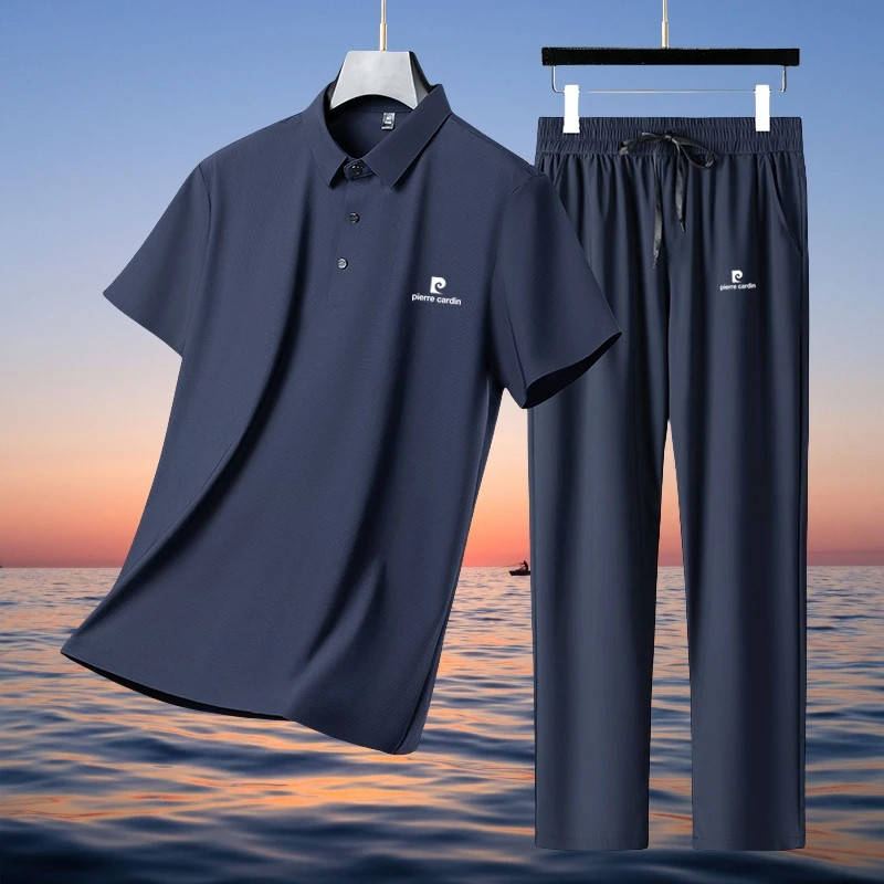 皮尔卡丹夏季新款轻奢男士桑蚕丝短袖套装时尚休闲冰丝速干t恤男,男装,休闲运动套装,淘宝优惠券,粉丝福利购,淘宝优惠卷