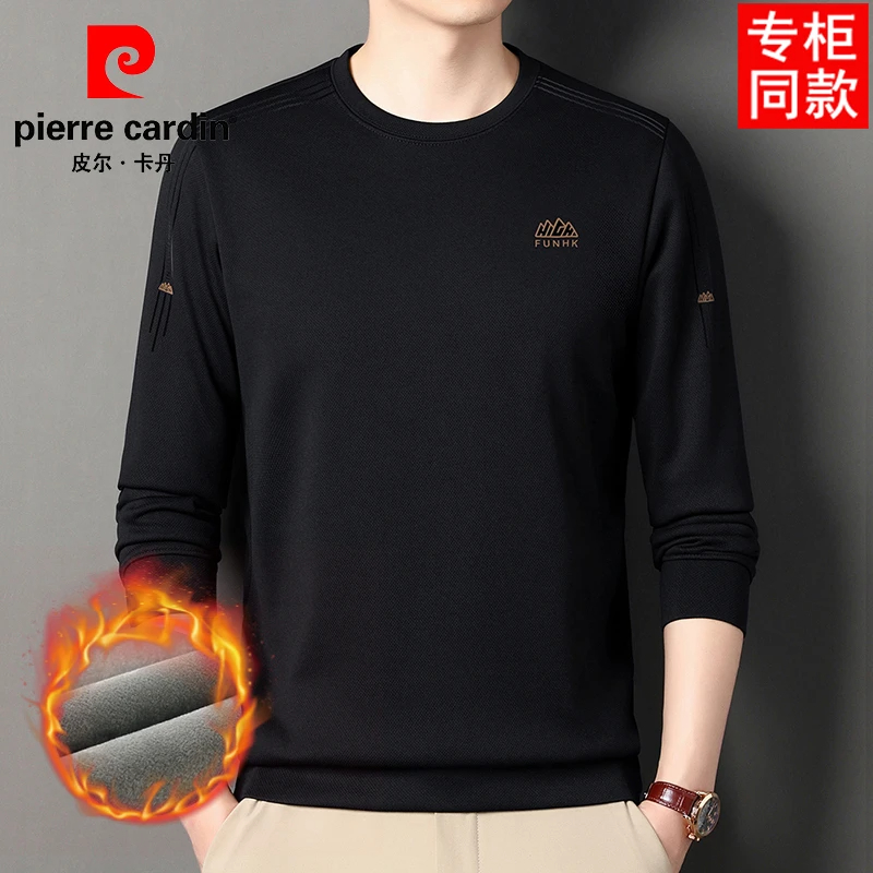 皮尔卡丹秋冬季桑蚕丝长袖T恤中年男士加绒加厚休闲宽松保暖卫衣