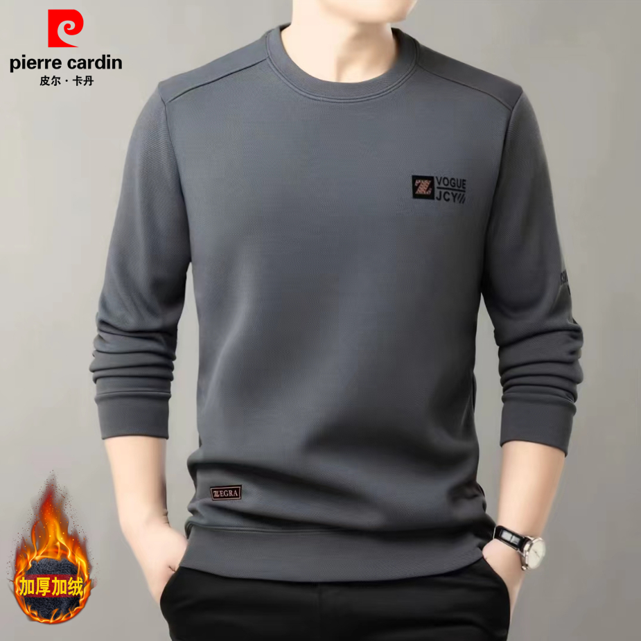 皮尔卡丹桑蚕丝长袖t恤男士秋冬加绒加厚圆领卫衣时尚套头打底衫