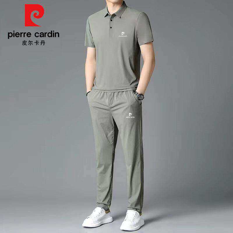 皮尔卡丹夏季新款冰丝短袖POLO衫男士时尚休闲运动套装无痕两件套