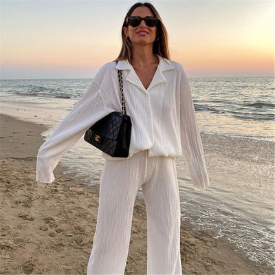 Pleated design shirt suit straight trousers loose drape two-
