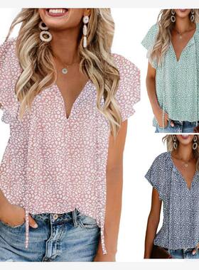 Women's floral casual V-neck chiffon shirt short sleeved top