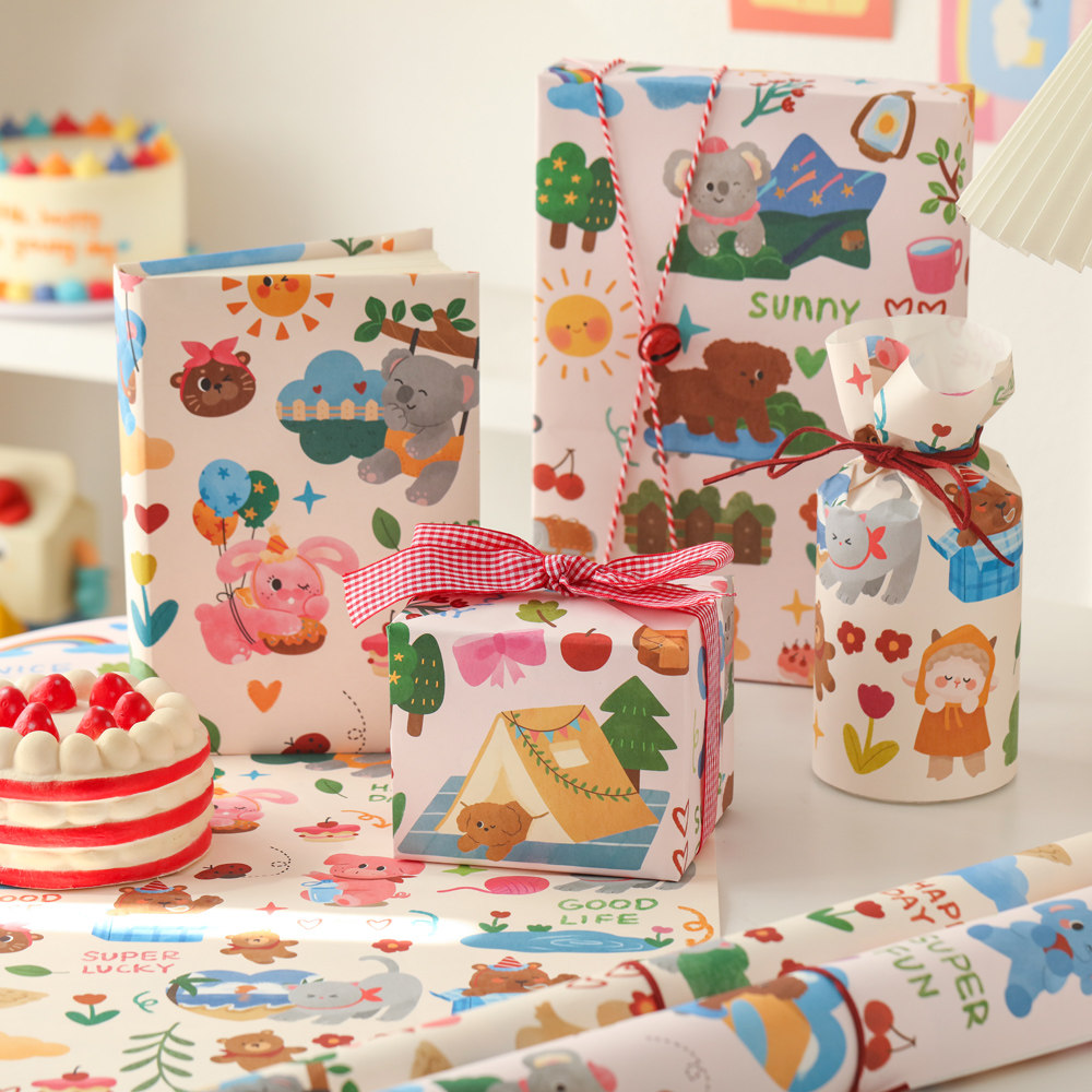 儿童生日礼物包装纸高级感礼品纸大尺寸打包纸材料卡通可爱包书纸包礼盒的彩纸节日玩具零食糖果牛皮纸高颜值