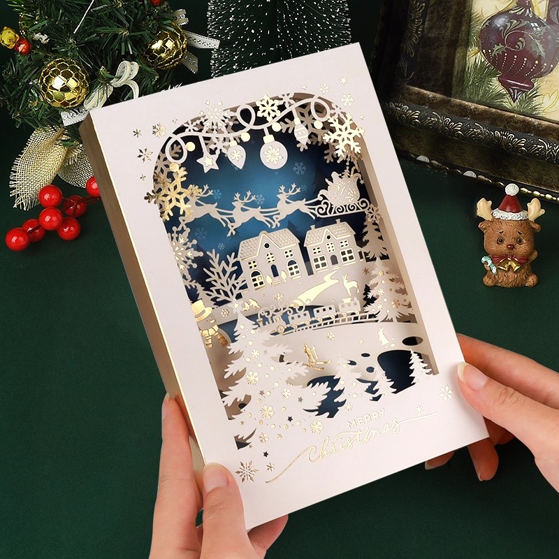 2025圣诞3D立体贺卡高级感圣诞节节日祝福留言卡手写空白卡片英文创意儿童宝宝平安夜礼物糖果苹果礼盒明信片