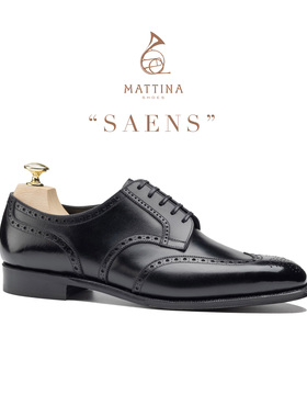 Mattina Saens男士手工真皮固特异正装燕尾布洛克德比鞋皮底皮鞋