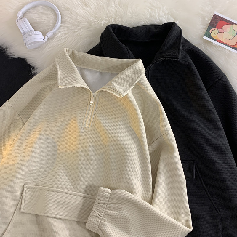 港风冬季加绒加厚华夫格大口袋立领拉连卫衣WX826P60有薄款,男装卫衣,电商A018