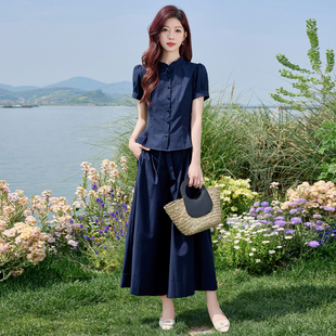 新款 两件套潮 女装 时尚 休闲气质优雅套装 阔腿裙裤 短袖 2025夏季 衬衫