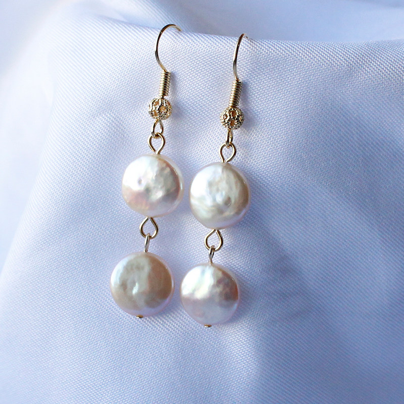 鸿音原创设计强光巴洛克淡水异形纽扣珍珠流苏显瘦气质耳环耳饰新