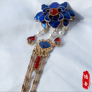 鸿音原创设计青黛发夹景泰蓝莲花长流苏后脑勺古风少女发饰配汉服