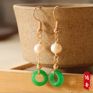 鸿音原创设计阳绿翡翠圆环珍珠耳环创意新款时尚耳饰汉服搭配旗袍