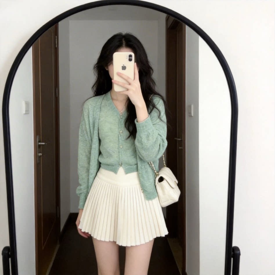 绿色假两件长袖针织开衫毛衣女款2026新款春秋季韩系穿搭早春上衣