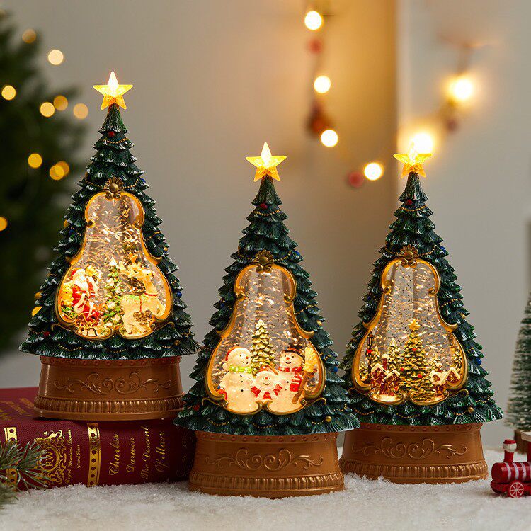 跨境发光圣诞树音乐盒自动飘雪大风灯氛围感小夜灯摆件圣诞节礼物