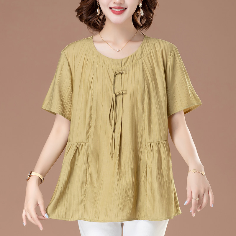 中年妈妈短袖上衣宽松大码遮肚子中老年女士t恤棉麻夏季洋气小衫