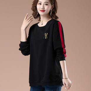 中年妈妈加绒纯棉卫衣女新款女士圆领大码宽松遮肚子无帽长袖上衣