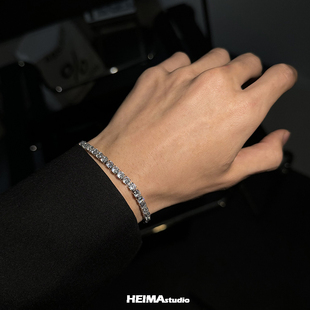 不掉色欧美嘻哈满钻网球手链男钛钢高级感hiphop小众锆石手饰男士