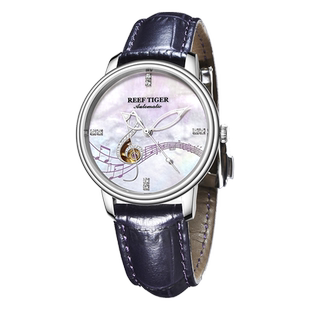 联名瑞夫泰格新款时尚女士手表女机械表真皮防水音符女表透底十大