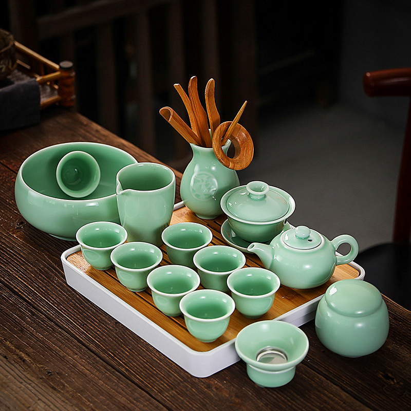 功夫茶具套装陶瓷简约家用盖碗喝茶杯泡茶壶茶海整套翠玉青瓷