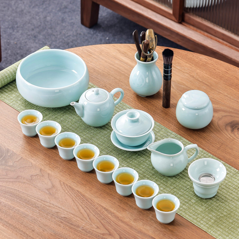 青瓷功夫茶具套装陶瓷影青家用办公简约盖碗茶壶茶杯小套茶道茶艺