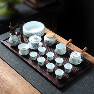 陶瓷家用办公水墨风简约侧把壶盖碗茶道杯洗茶盘整套 功夫茶具套装