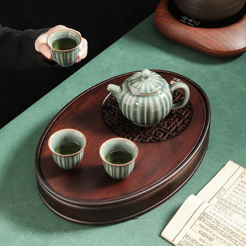 茶具茶盘托盘竹制椭圆形茶台茶海家用商用中式简约储水镂空窗花