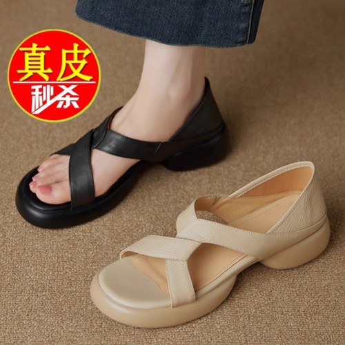 踩屎感真皮法式交叉露趾凉鞋女款