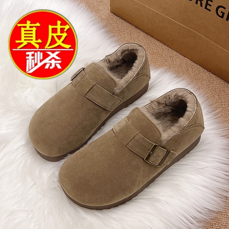 紅晴珽撤柜真皮复古加绒勃肯鞋女